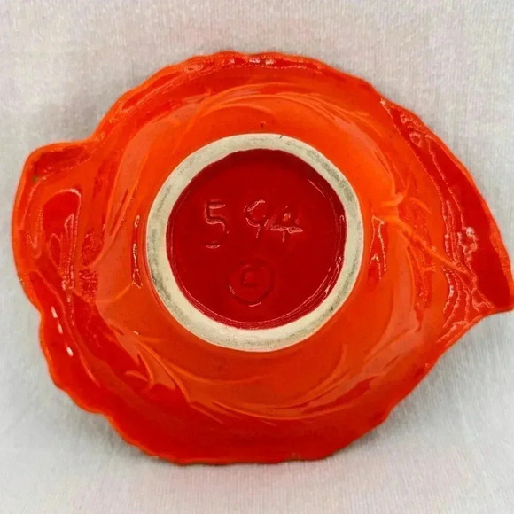 Vintage California Pottery Leaf Shaped Bowl Orange #594 Gold Dust Trim USA - Picture 6 of 11